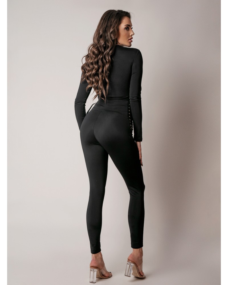 damskie-legginsy-Dopɑsowɑne legginsy z podwójnym wiązɑniem po bokɑch-kolor-czarny-Model-200-0204-04